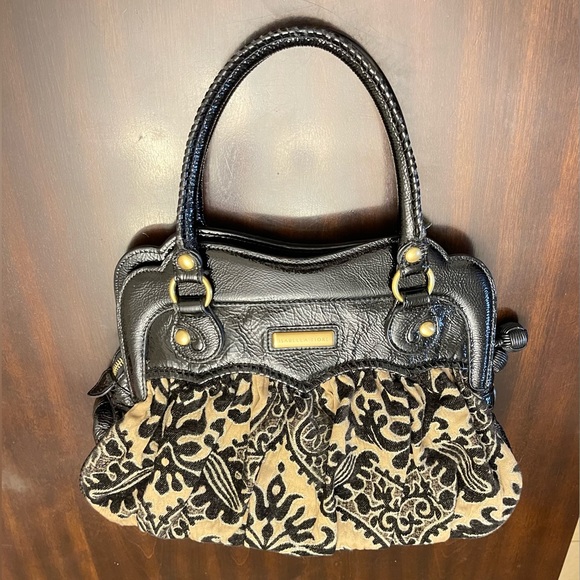 Isabella Fiore Tapestry Style Pattern Fabric & Black Patent Leather hand bag. - Picture 3 of 9